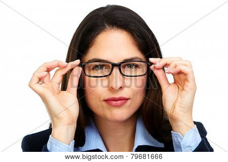 Young business woman with eyeglasses isolated white background.