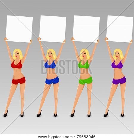 Set of vector boxing ring girls holding a board with place for text.