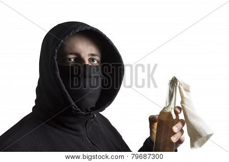 Black Block Fellow With Molotov Cocktail