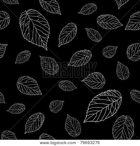 Black and white raspberry leaves. Seamless monochrome pattern.