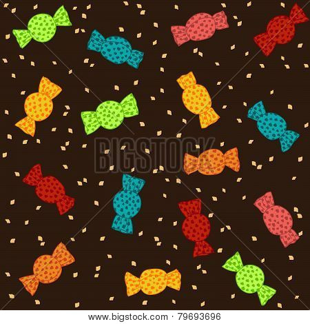 Colorful sweet candies on a brown background. Seamless birthday pattern.