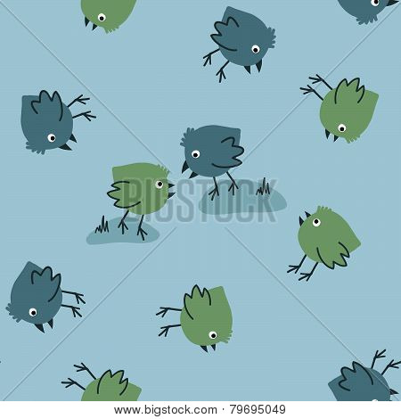 Quarreling Birds on a Blue Background.  Funny Seamless Pattern.