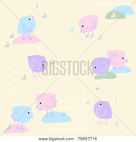 Seamless Pattern with Eating Singing and Dreaming Birds on a Light Background.