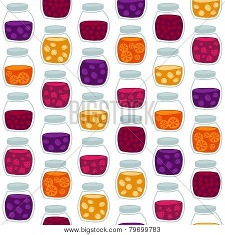 Fun seamless pattern with the colorful fruit jam jars.