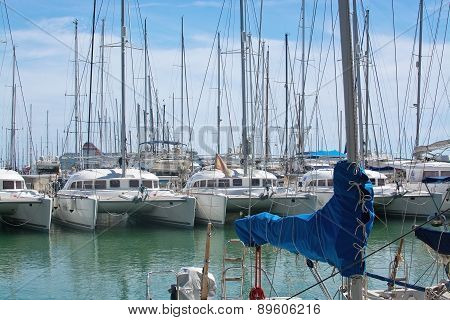 Catamarans and yachts moored in Palma harbor
