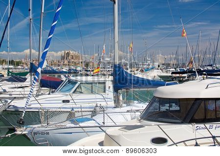 Cathedral seen through masts on the Paseo Maritimo