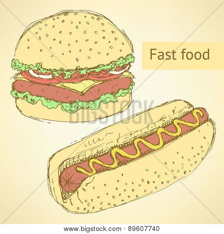 Sketch Hot Dog And Hamburger In Vintage Style