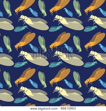 Seamless Pattern With Insects. Cicada Repeated Vector Pattern. Spring And Summer Theme.