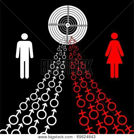 illustration of male and female sex symbols tend toward the goal