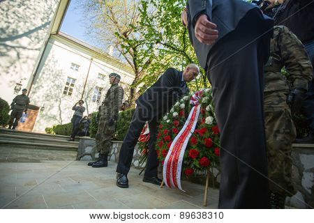KRAKOW, POLAND - MAY 3, 2015: Officials at ceremony of laying flowers to the monument to Hugo Kollataj during annual Polish national and public holiday the May 3rd Constitution Day (of May 3, 1791)
