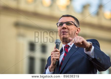 KRAKOW, POLAND - APR 29, 2015: Przemyslaw Wipler - Polish politician, member of Parliament of the VII convocation, during pre-election rally of Janusz Korwin - of presidential candidate of Poland.