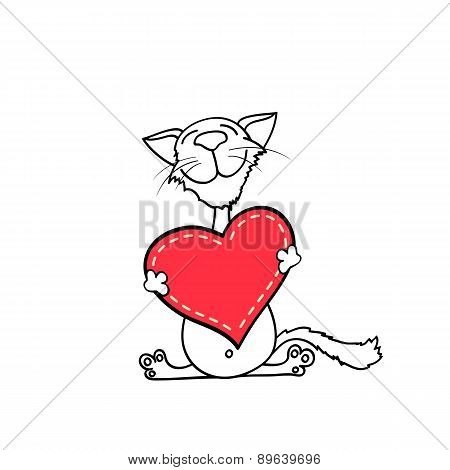 Happy Kitten Hugging A Heart