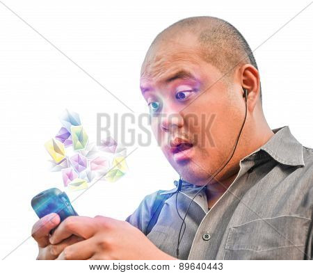 An Office Guy Receive Tons Of Spam Mail Via Smartphone. He Is Showing Surprise Reaction In White Iso
