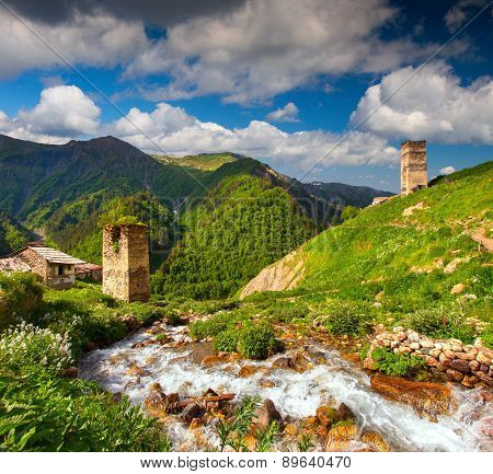 View Of The Village Adishi. Georgia, Svaneti.