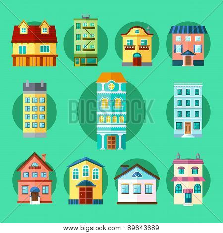 Vector Flat Collection Of City And Town Buildings, Including Various Houses