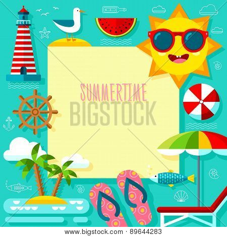Summertime Adventure Template With Travel Summer Icons Set