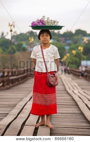 Sangklaburi , Thailand - January 11, 2015: Unidentified young asian Girl with powder on face of this 