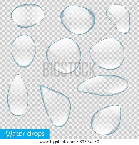 Realistic Water Drops Set On Transparent Background Vector Illus