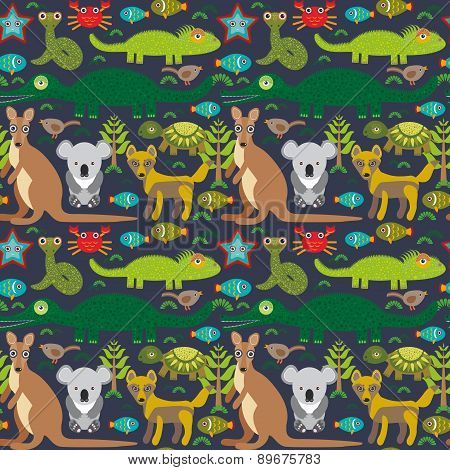 Animals Australia Snake, Turtle, Crocodile, Alliagtor, Kangaroo, Dingo. Seamless Pattern On  Dark Ba