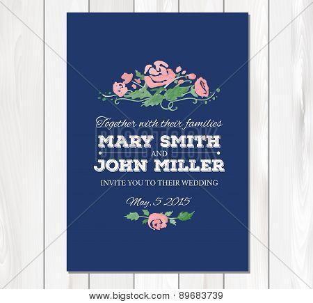 Vector wedding invitation with watercolor flowers and typographi