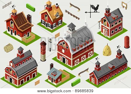 Isometric Old Building - American Barn Set Tiles