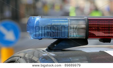 Flashing Sirens Of Police Car During The Roadblock In The City
