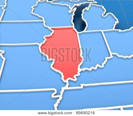 3d render of USA map with Illinois state highlighted
