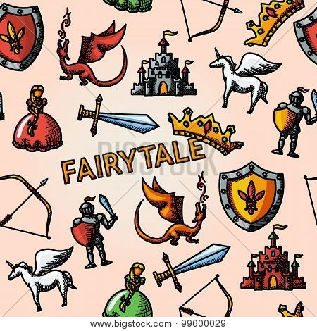 Color hand drawn fairytale pattern with - sword, bow, shield, knight, dragon, princess, crown, unico