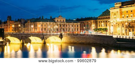 Night View Of Illuminated Old Norrbro Bridge in Stockholm, Swede