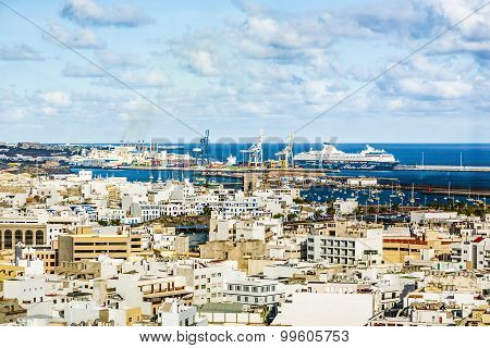 Aerial Of Arrecife With Cargo And Cruise Ship Harbor