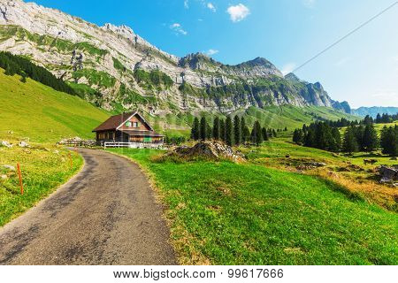 Typical European Alpine landscape, pastures and mountains