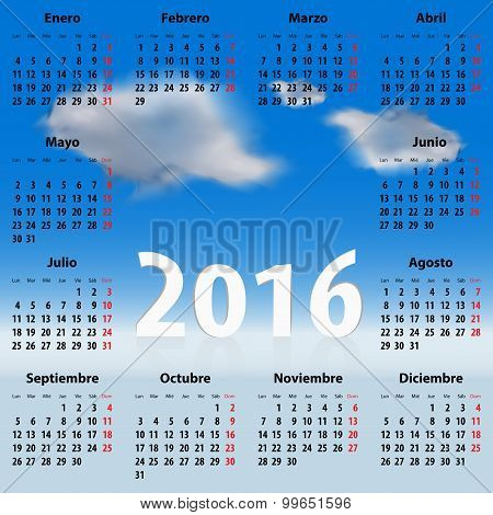 Calendar For 2016 Year In Spanish With Clouds