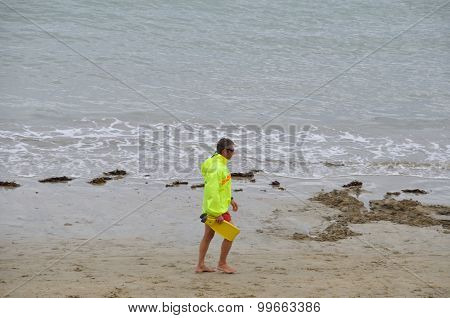 Saint-quay Portrieux France24 August 2014: Lifeguard Keeps Watch On The Beach