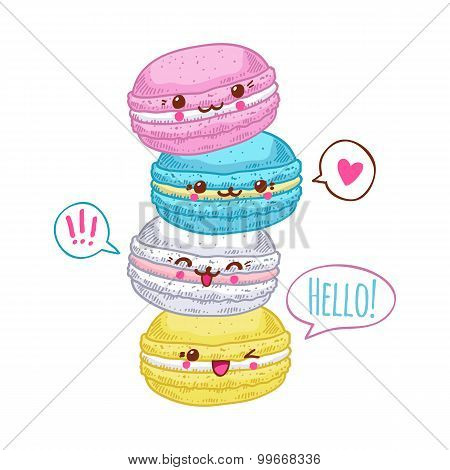 Group of four cute kawaii macarons.