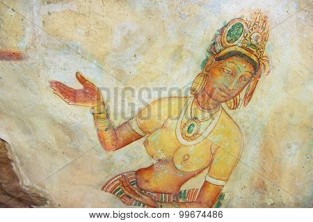 Exterior of the ancient paintings at Sigiriya rock in Sigiriya, Sri Lanka.