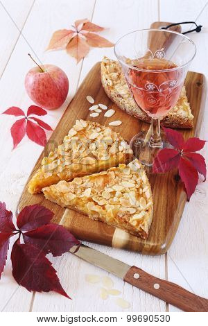 Apple Tart, Colorful Leaves And Wineglass