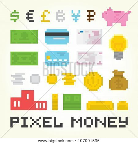 Pixel art money vector set