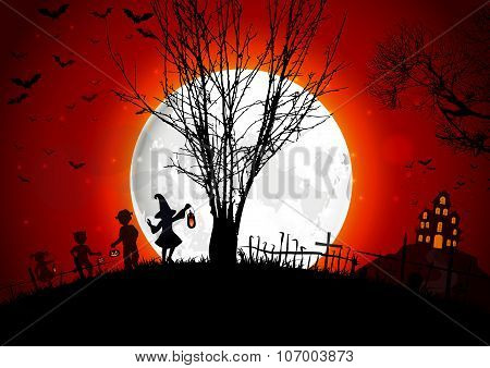 Halloween grave on full moon background with a little girls