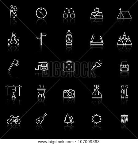 Trekking Line Icons With Reflect On Black Background