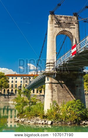 Old Passerelle Du College Bridge Over Rhone River In Lyon, France