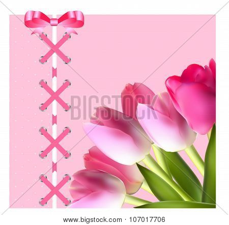 Vintage Frame with Bow, Ribbon and Tulip Folwers  Background. Ve