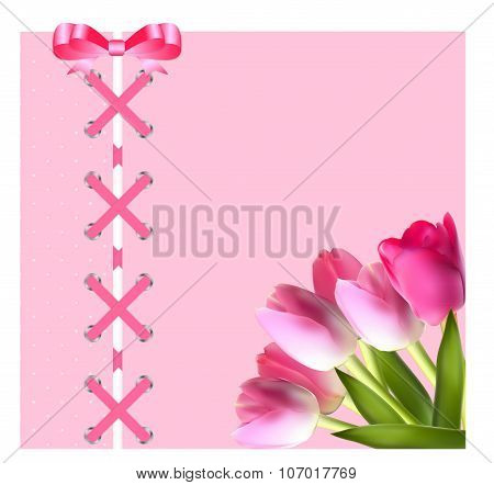 Vintage Frame with Bow, Ribbon and Tulip Folwers  Background. Ve