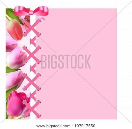 Vintage Frame with Bow, Ribbon and Tulip Folwers  Background. Ve