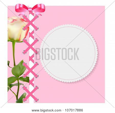 Vintage Frame with Bow, Ribbon and Rose Folwer  Background. Vect