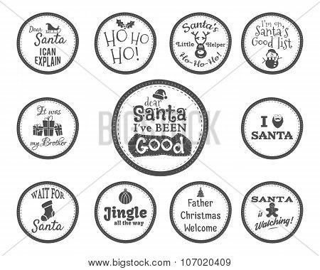Christmas Badge and Design Elements with funny signs, quotes for kids. Monochrome New Year labels, l