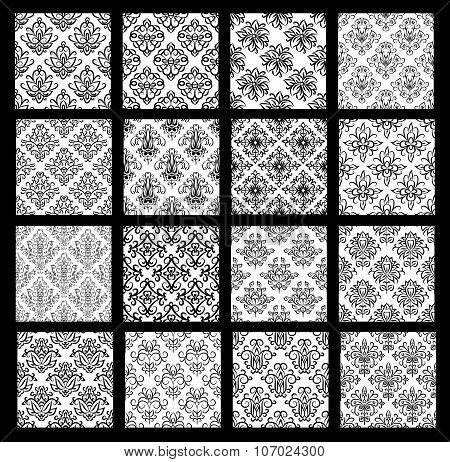Collection of traditional oriental patterns with floral elements in black and white colors. Background textures for wrapping paper textile print invitations home decor.
