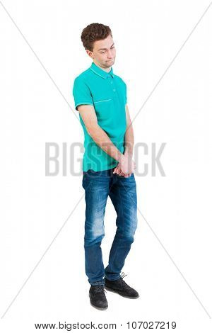  man hesitates. Isolated on white background