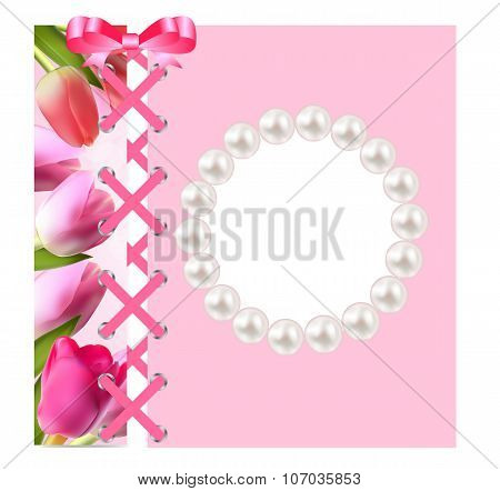 Vintage Frame with Bow, Ribbon and Tulip Folwers  Background. Ve