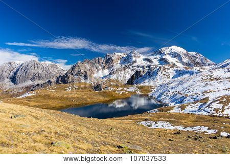 High Altitude Blue Alpine Lake In Autumn Season