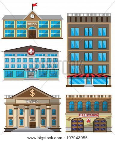 Vector set of flat buildings decorative icons. Design elements isolated on white background. School,